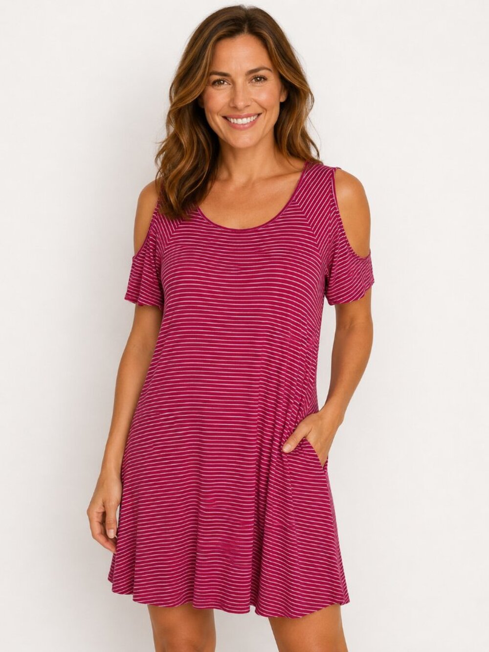 Red Cold Shoulder Dress With White Stripes Size Large